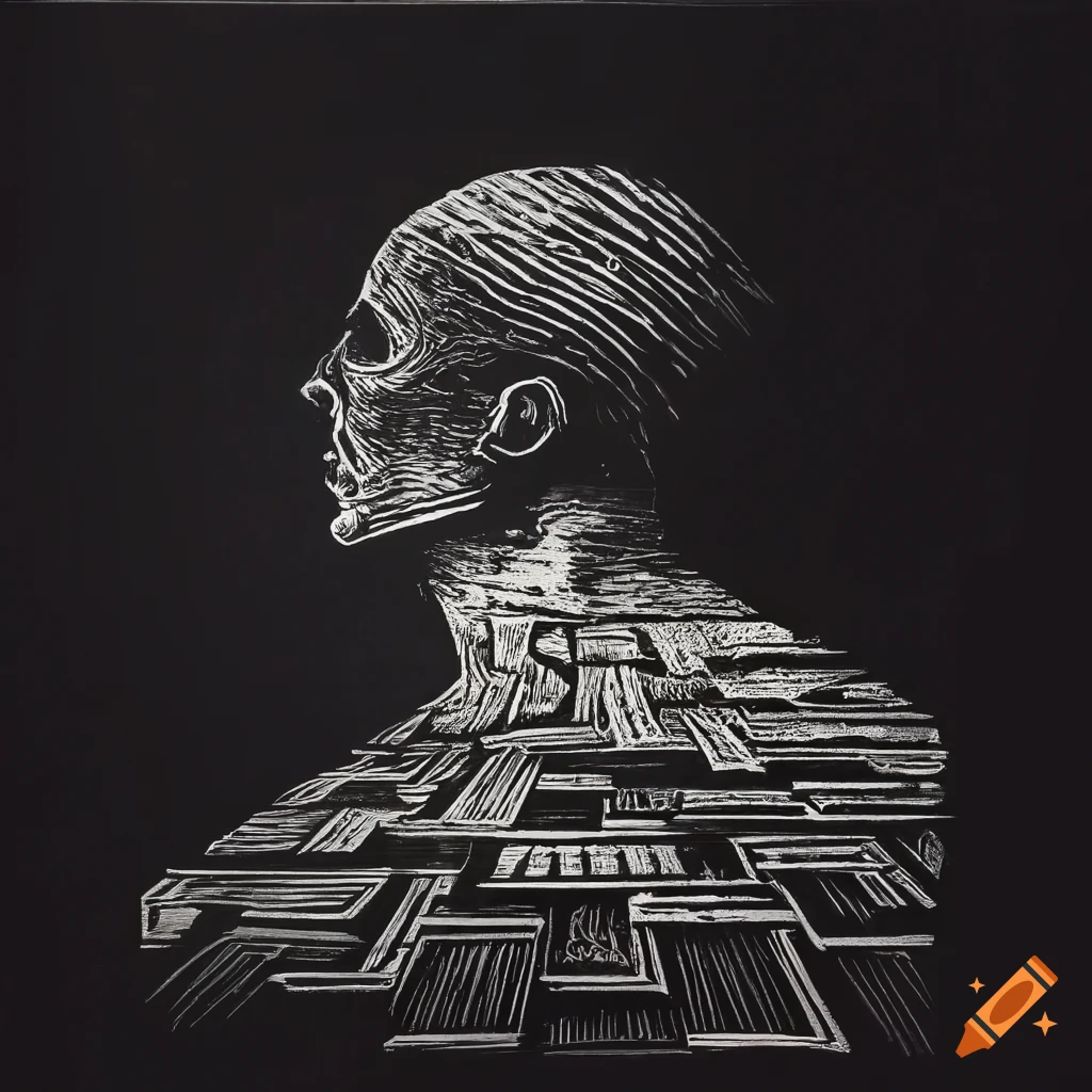 Surreal linocut of a man emerging from a wall with a beveled floor in the style of Zdzisław Beksiński