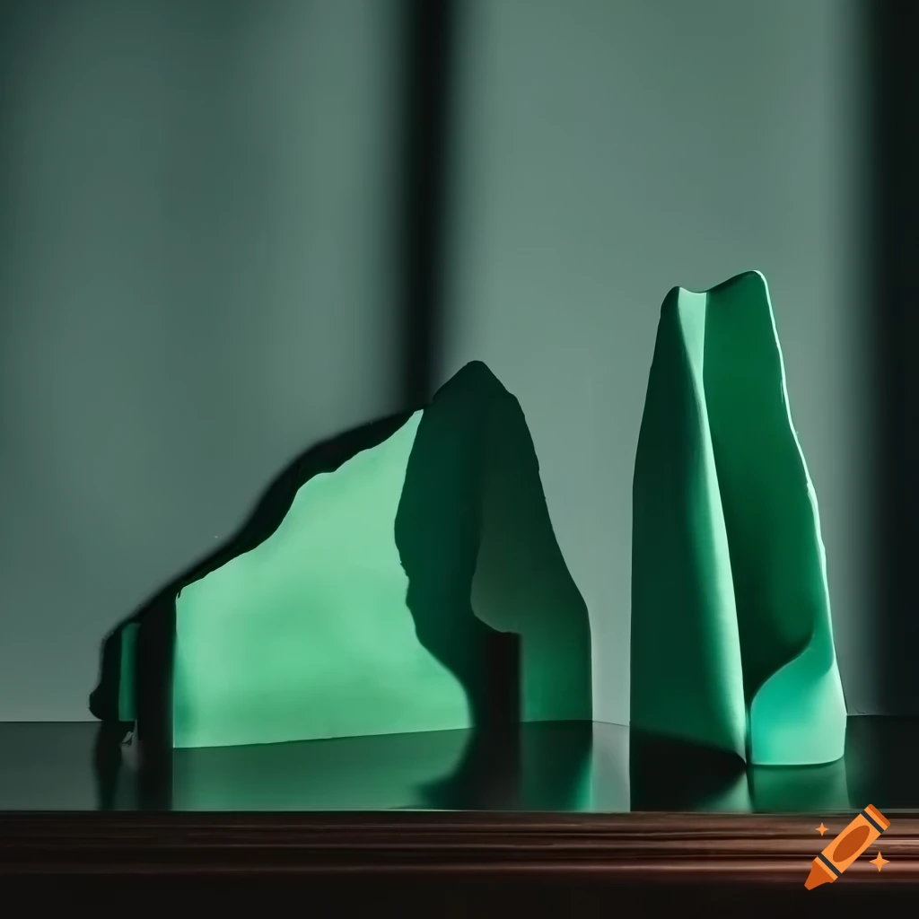 Two large green ceramic objects on table in a dark hotel room with shadows