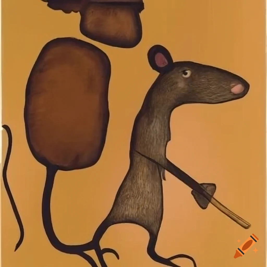 Mouse with spear and newsboy cap in cave painting style