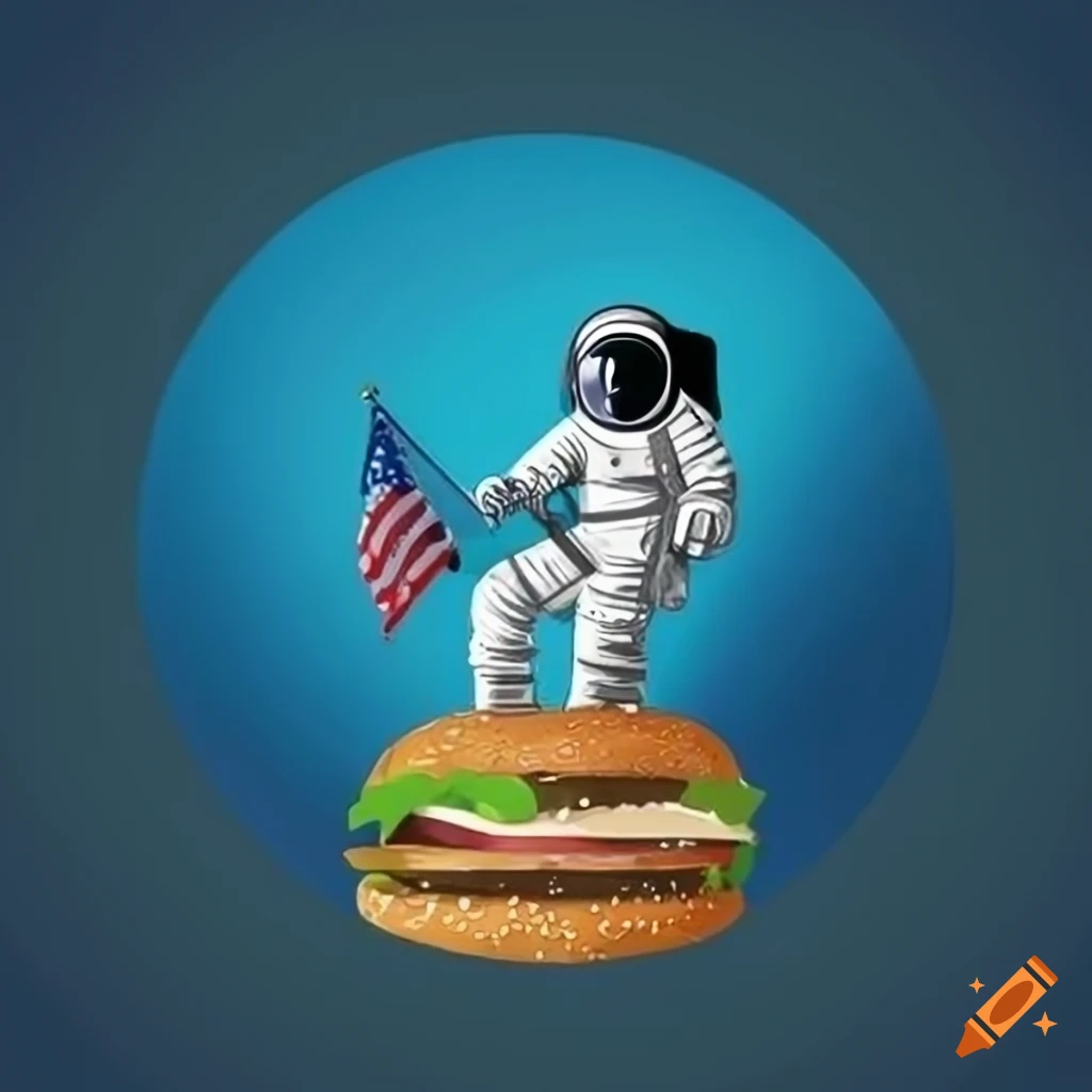Astronaut planting US flag on burger planet in a geometric style