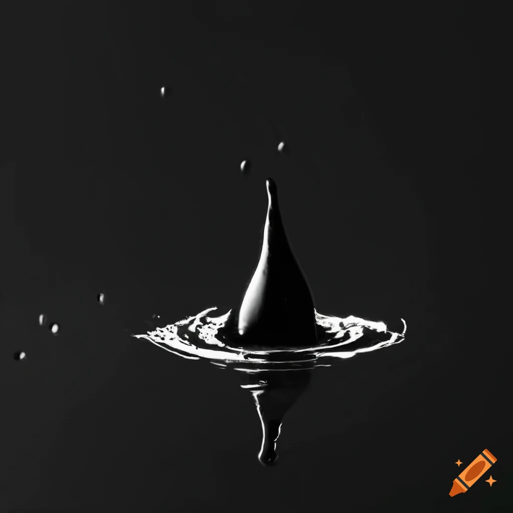 Black droplet landing in liquid causing a small splash in a minimalist design