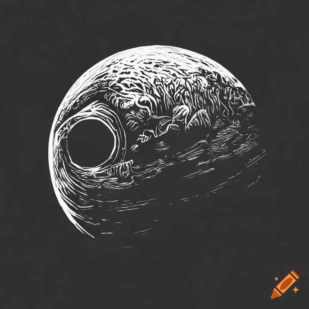 Black planet in deep space in Beksiński-inspired linocut style