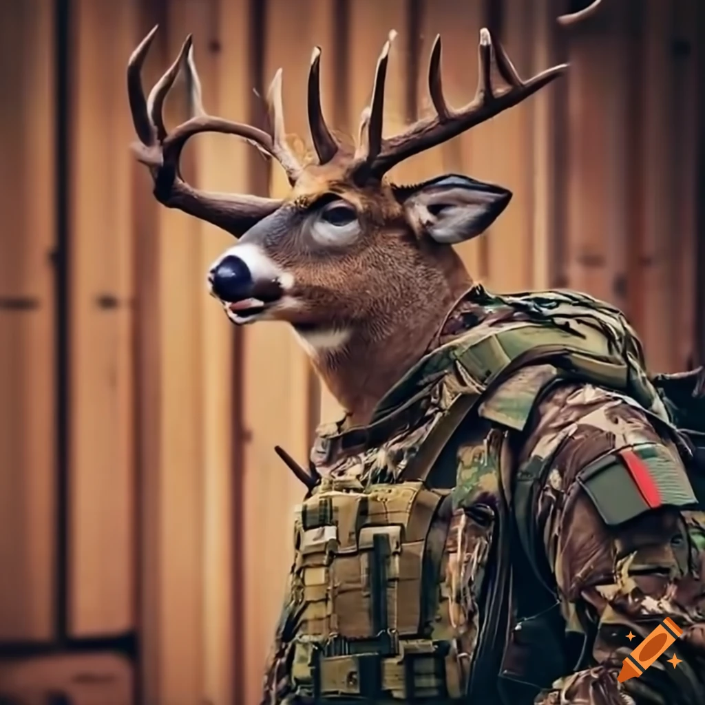 Angry deer in tactical gear outside a hunting store