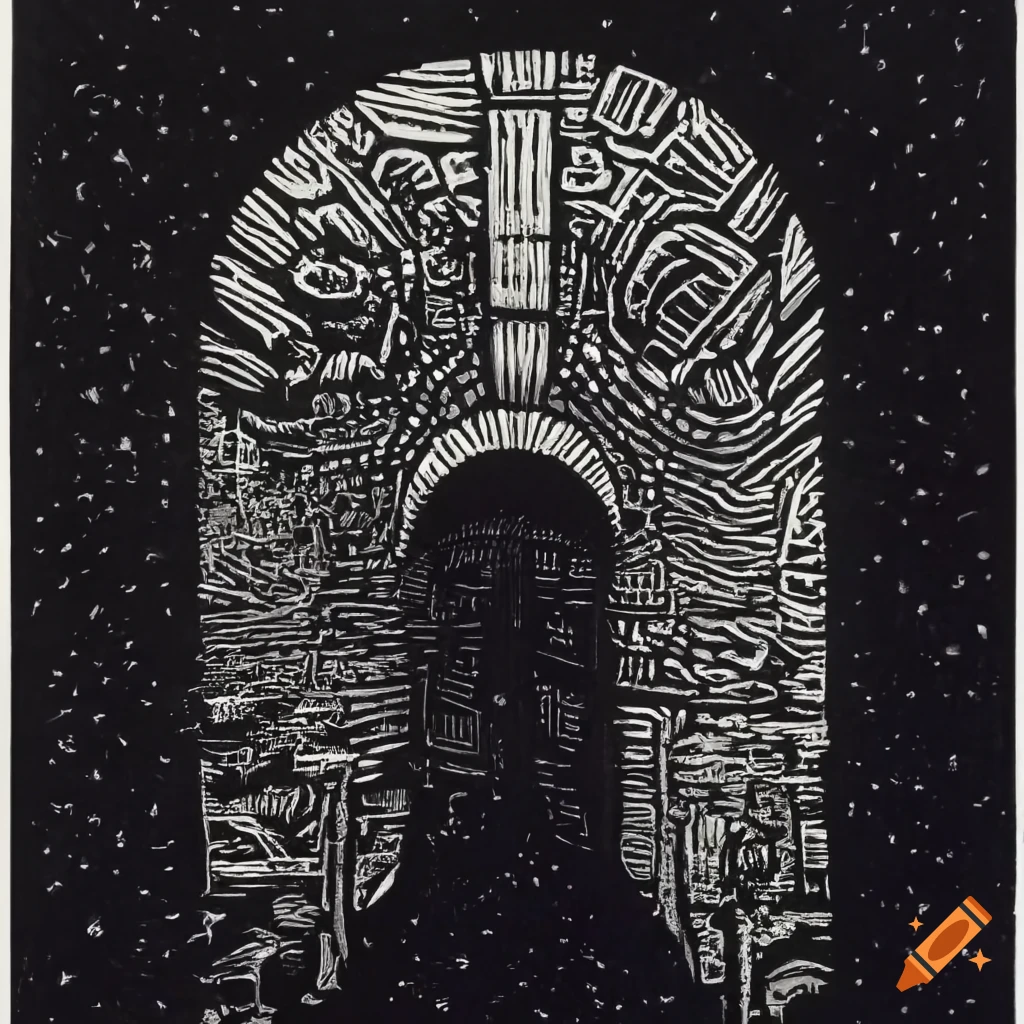 Monochrome linocut art of an archway in deep space inspired by Zdzisław Beksiński