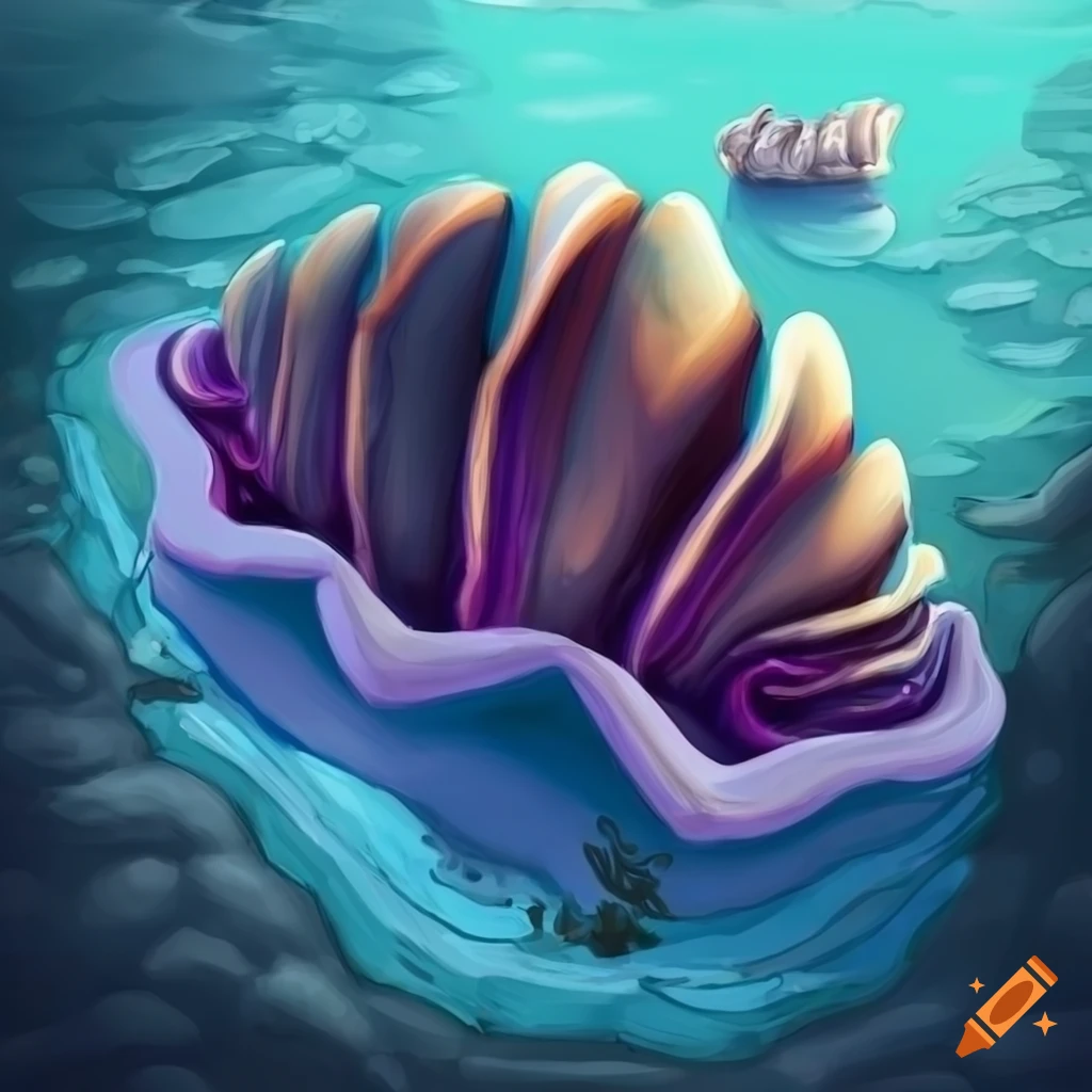 Giant clam on the shore of an icy lake in fantasy art style