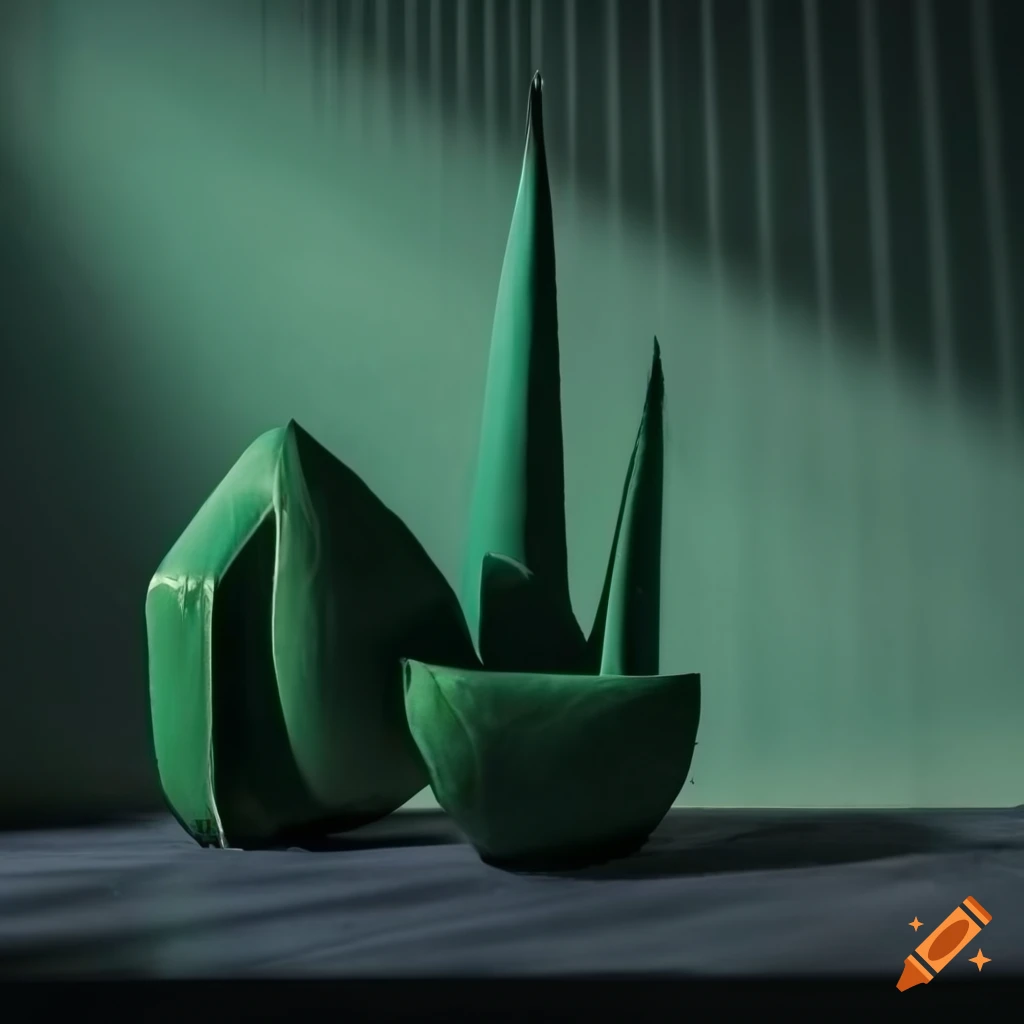 Two green ceramic objects with shadows on a table in a dark hotel room