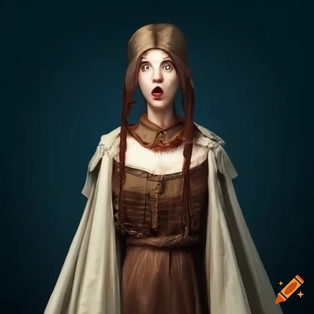 Mother in a peasant-style coat looking amazed and shocked