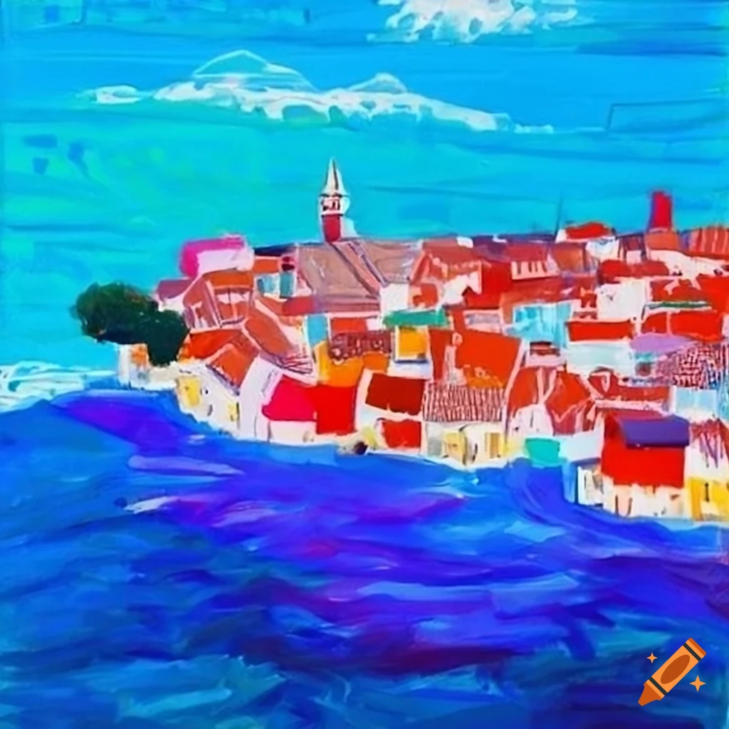 Aerial view of a colorful seaside town in Picasso and David Hockney style