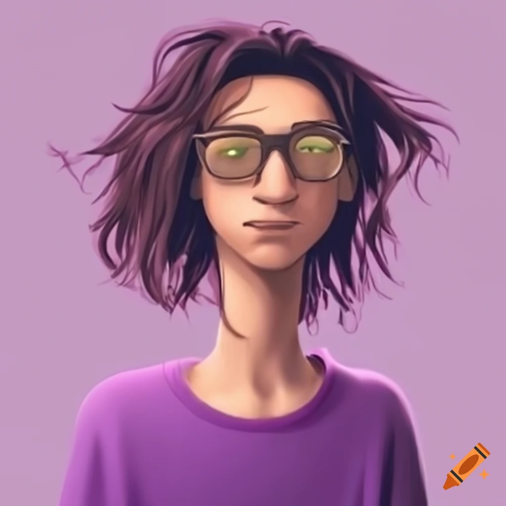 Avatar with man having long hair in a bun, green eyes, and purple sweatshirt