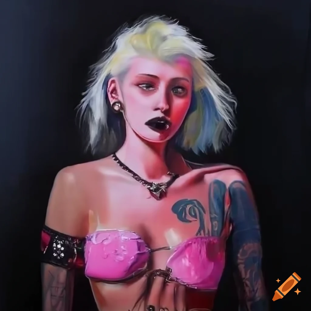 Cyberpunk Mia Goth with platinum blonde mullet, pink crop top, and gold leggings