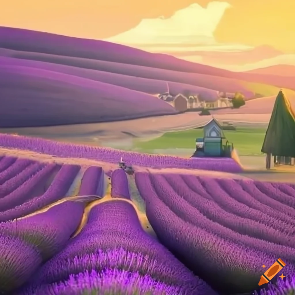 Lavender Hill town with steampunk robots and magical craftsmen on a summer day