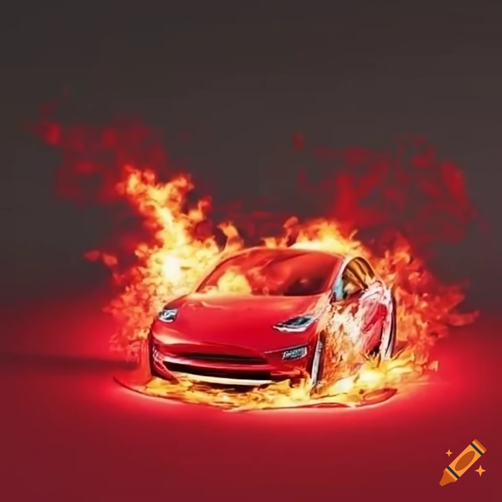 Red Tesla car exploding