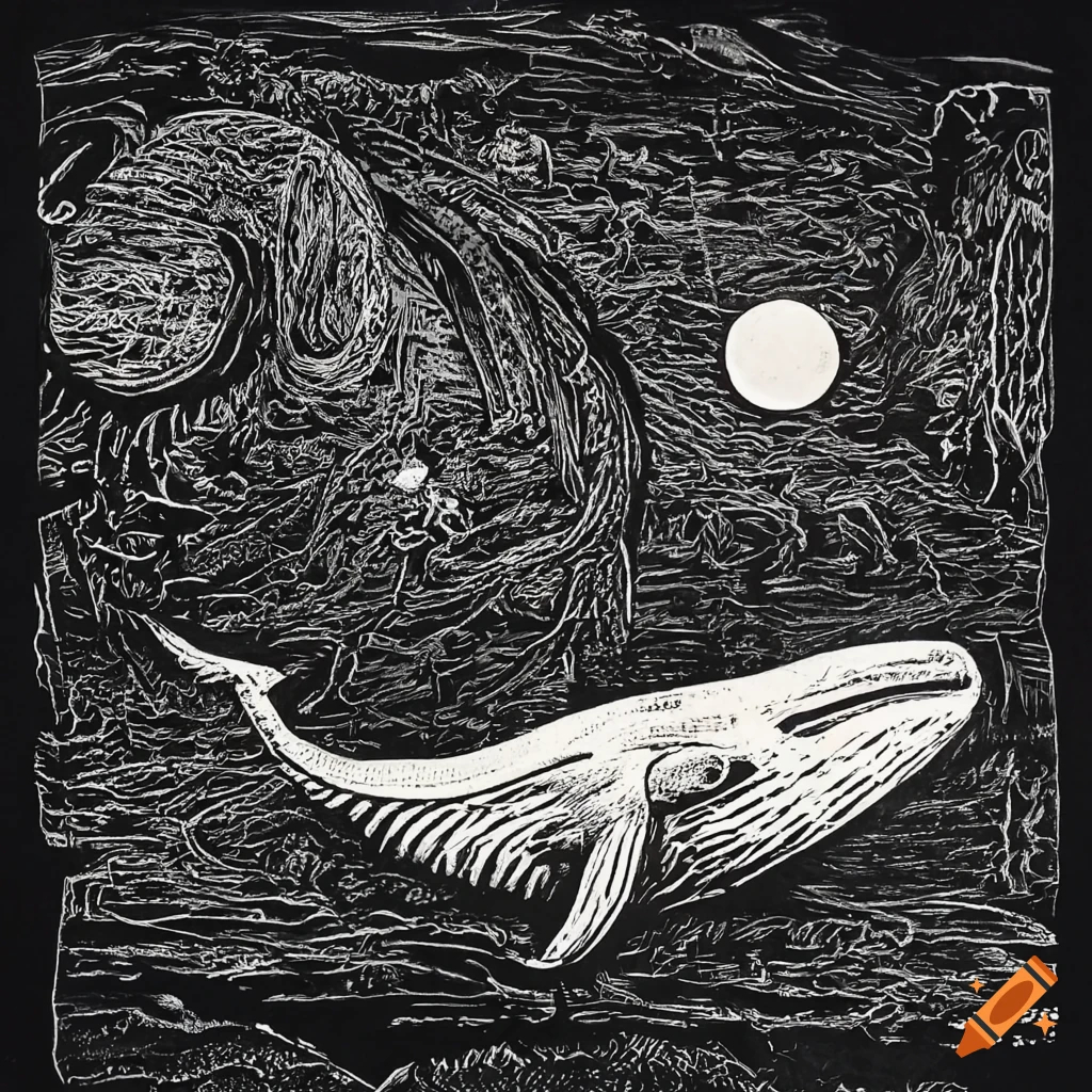 Whale flying through deep space in monochrome linocut art