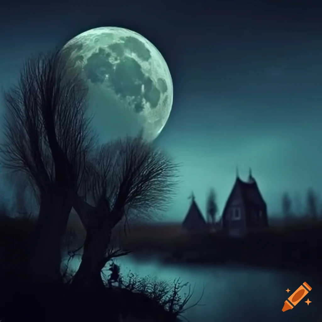 Old witch flying on a broom by the river under the moonlight with a black rooster in a spooky scene