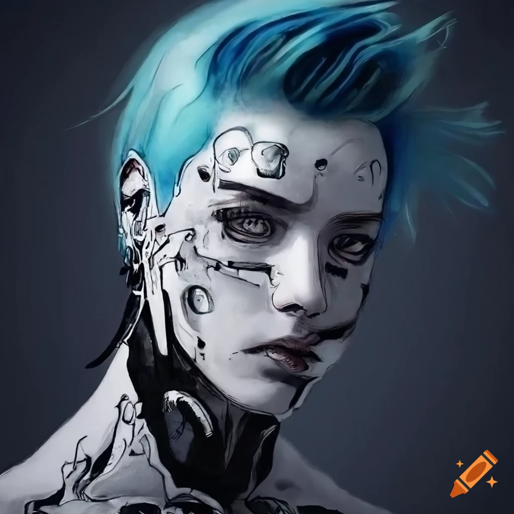 Stunning cyborg in white bodysuit with cyan hair inspired by Yoshitaka Amano's art
