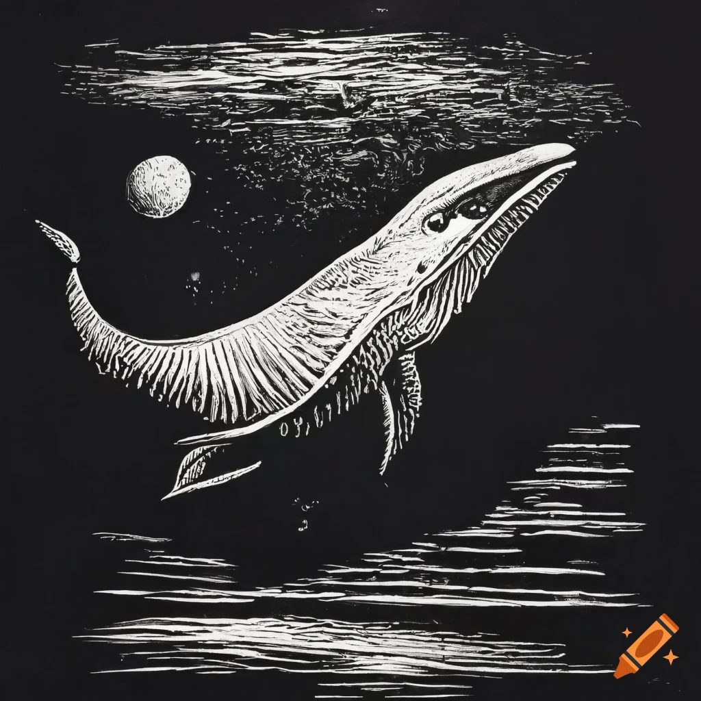 Whale flying through deep space in monochrome linocut style
