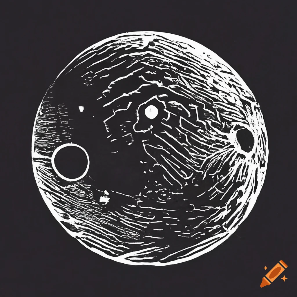 Monochrome linocut of a planet in deep space in Zdzisław Beksiński style