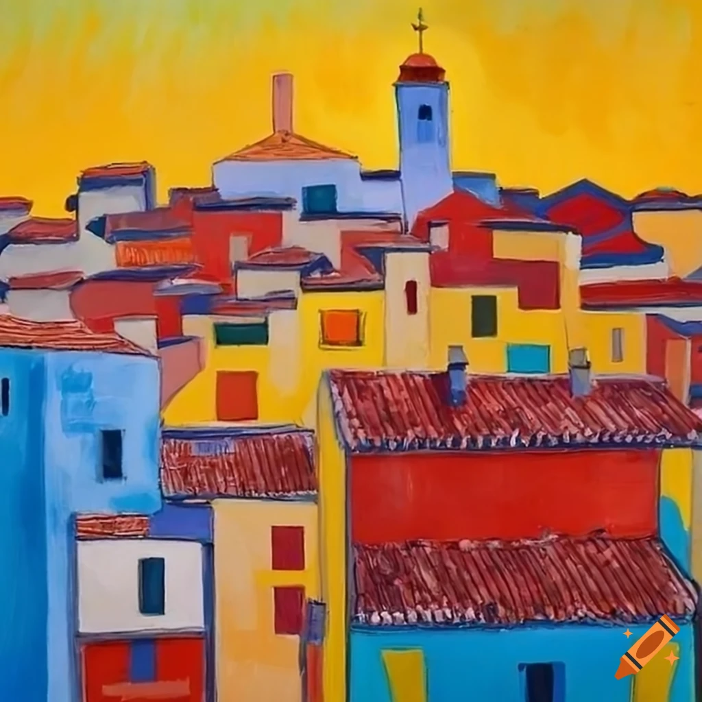 Mediterranean village with red roofs and white walls in a minimalist style influenced by August Macke