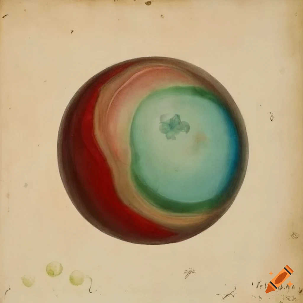Historic 18th-century scientific drawing of red, green, and blue marbles