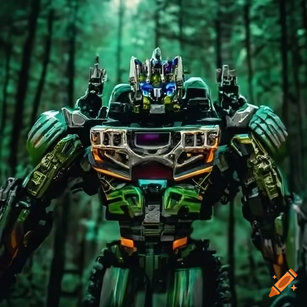 Forest green 1998 Subaru Forester transforming into a Decepticon like in Transformers