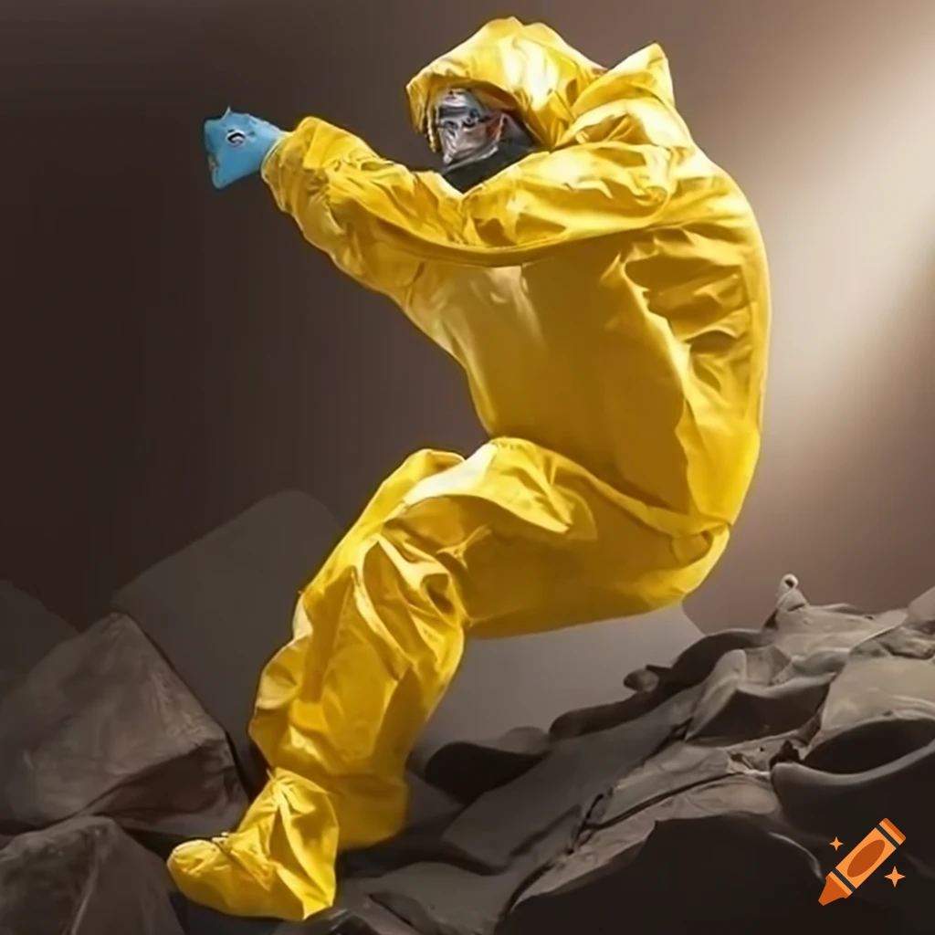 Person in hazmat suit bouldering