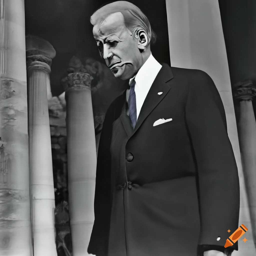 Haunted portrait of Joe Biden between Roman pillars under thunderclouds by Carel Willink, 1935