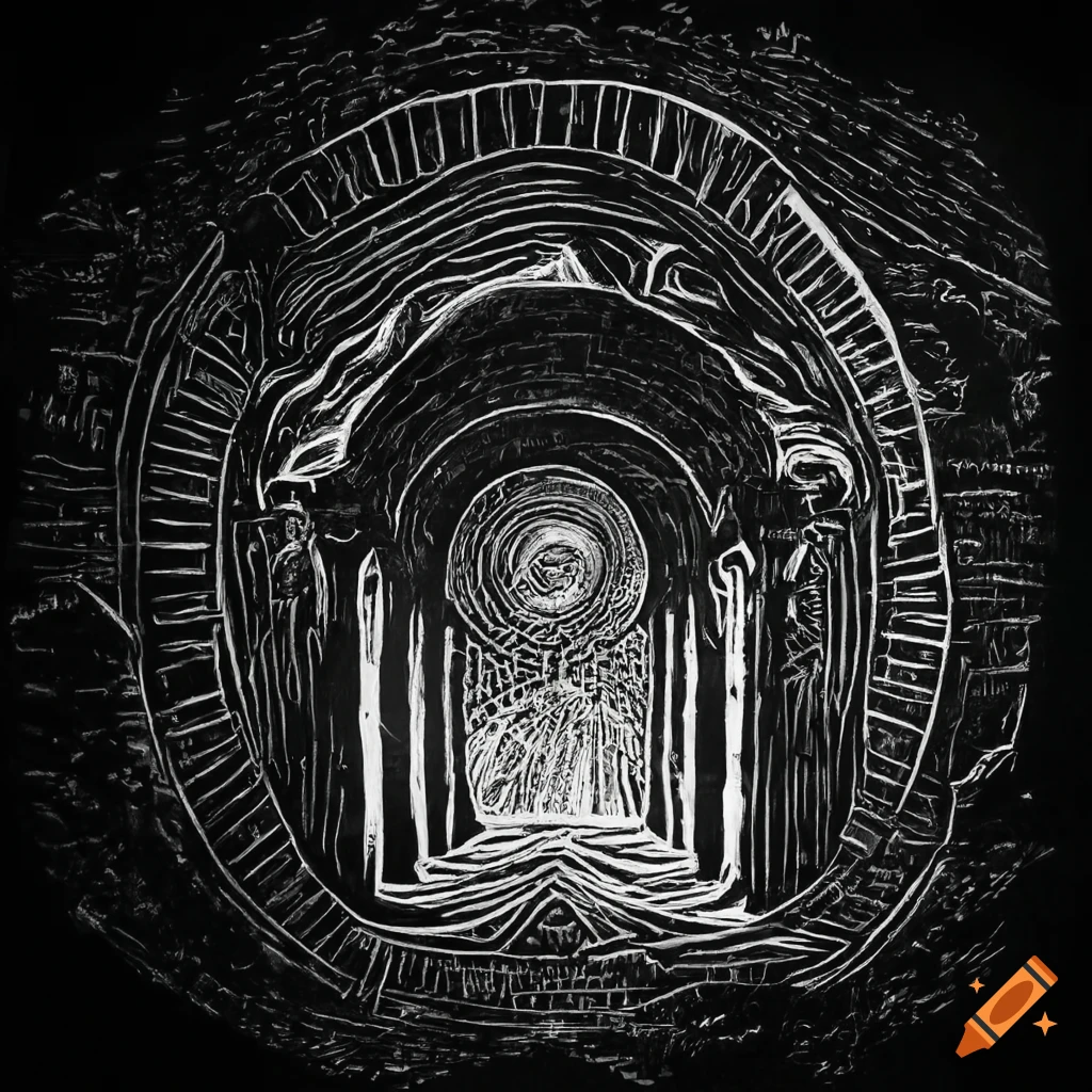 Monochrome linocut of archway in deep space with eerie star, Beksiński style