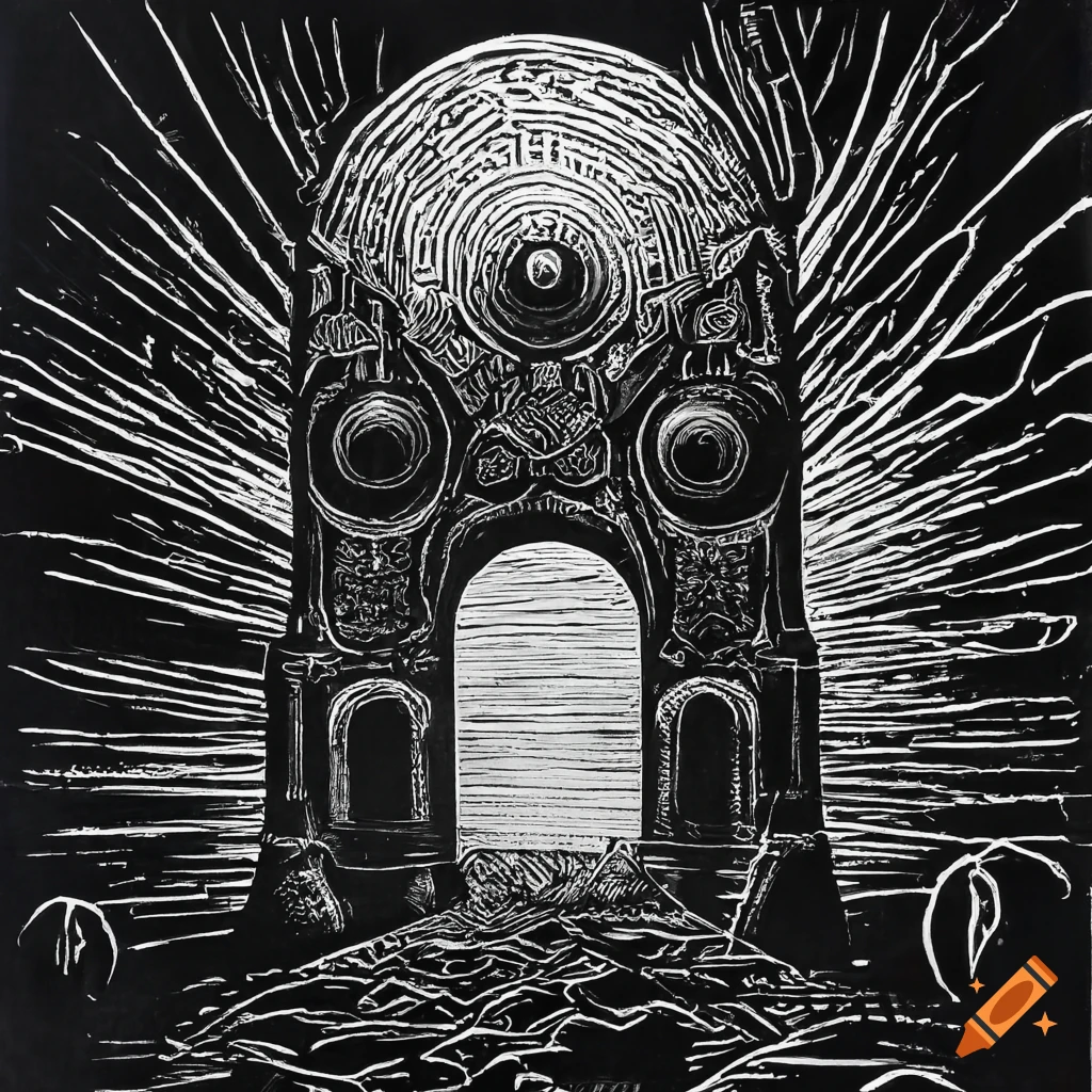 Surreal black and white linocut of an archway in deep space