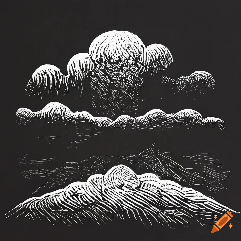 Monochrome linocut of a surreal cloud in the style of Zdzisław Beksiński