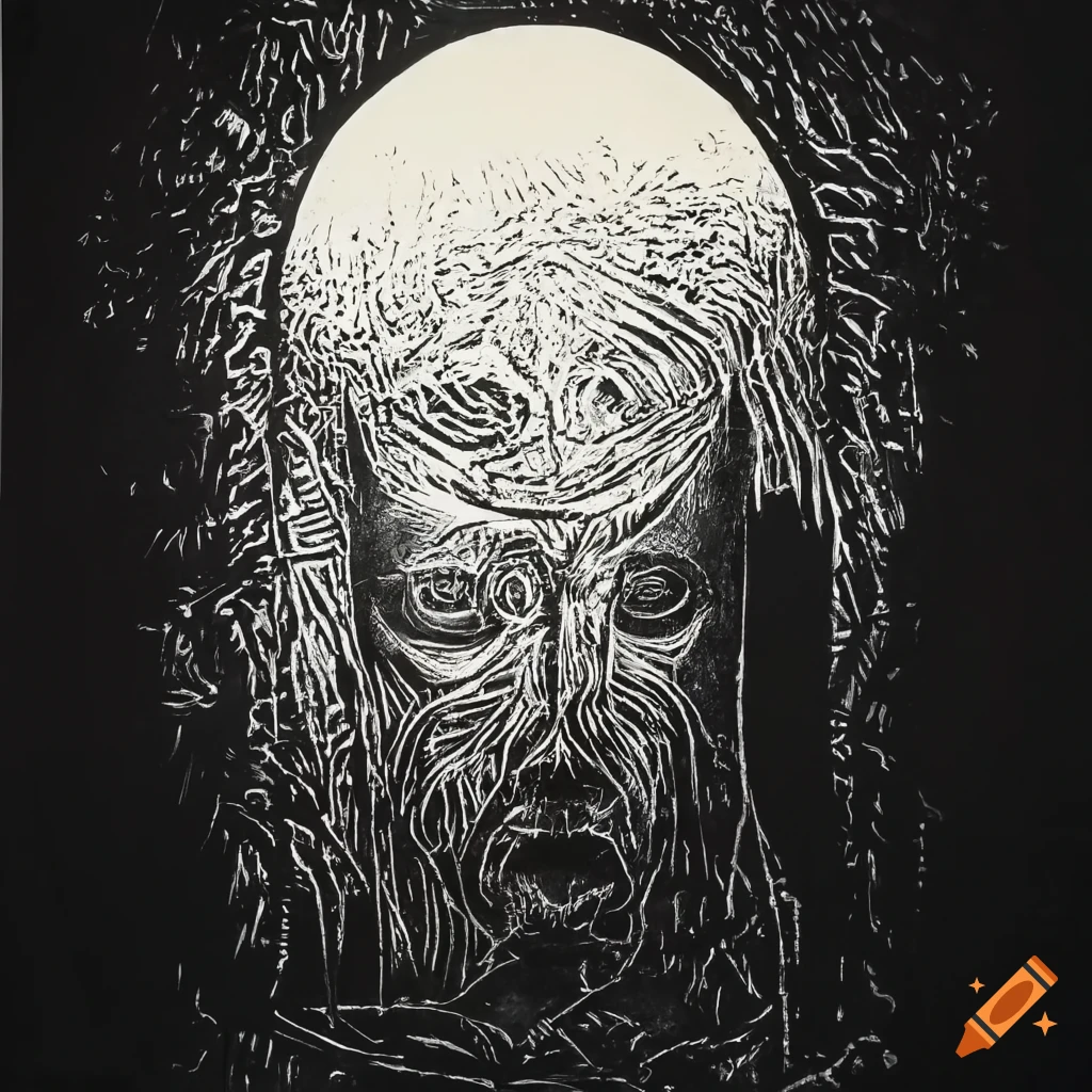 Backlit headstone in a surreal monochrome linocut style inspired by Zdzisław Beksiński