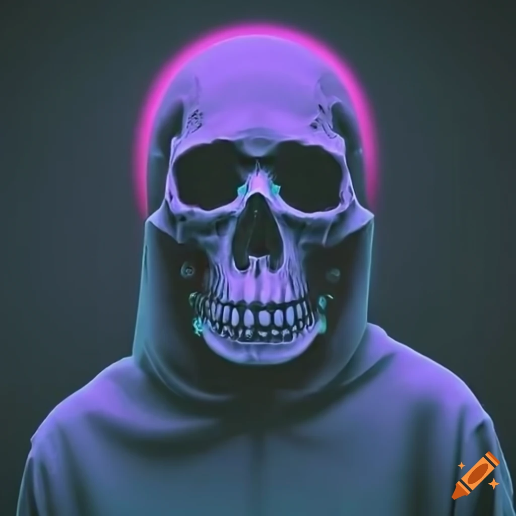 Spectral figure in neon-noir quantum realm surrounded by ethereal orbs