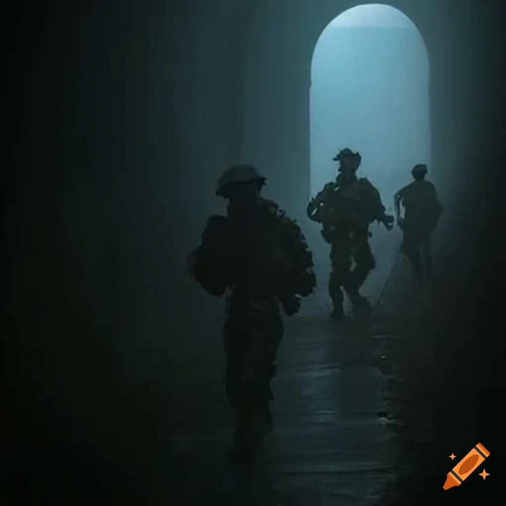 Special forces soldiers clearing a foggy tunnel