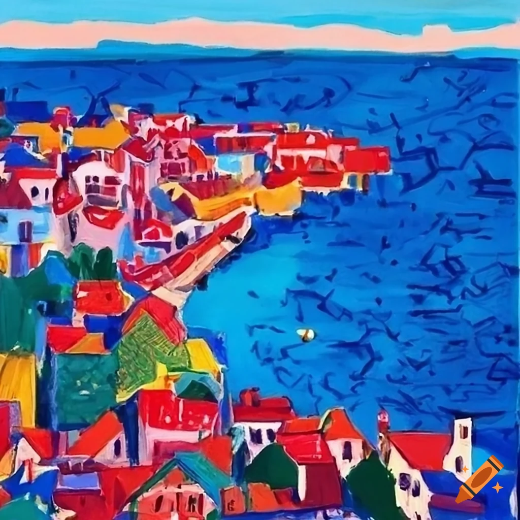 Aerial view of a colorful seaside town in Picasso and David Hockney style