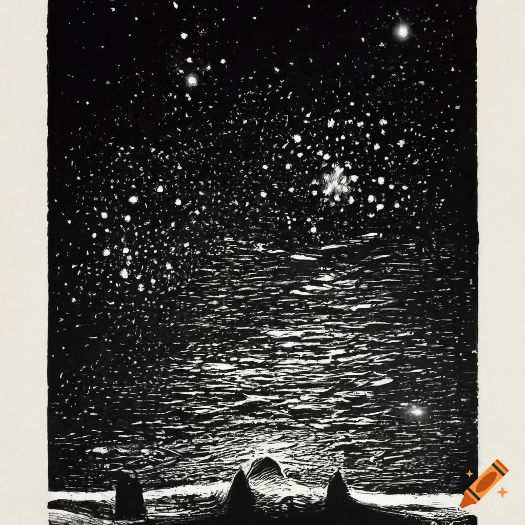 Linocut of stars in the night sky in the style of Zdzisław Beksiński