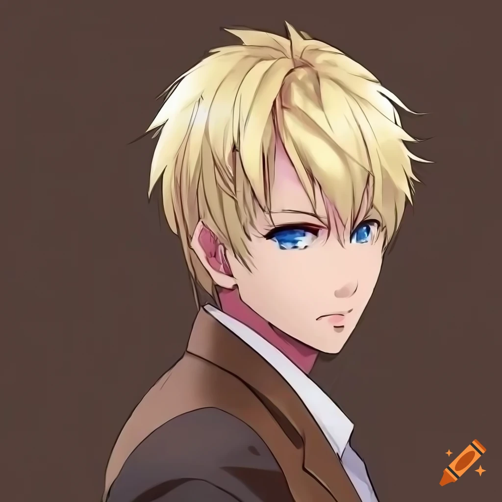 Androgynous anime character with blue eyes and blonde hair in formal suit