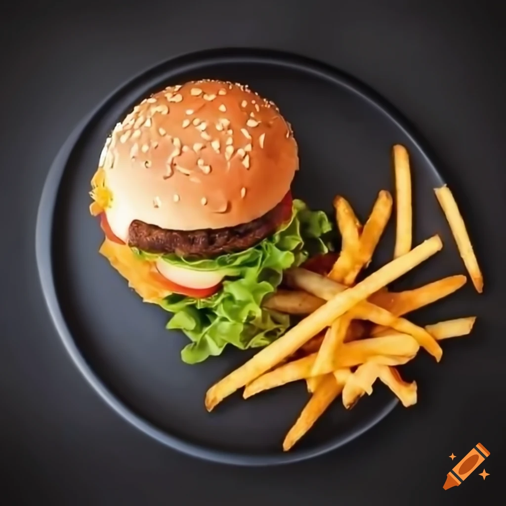 Delicious burger and french fries on a table from above