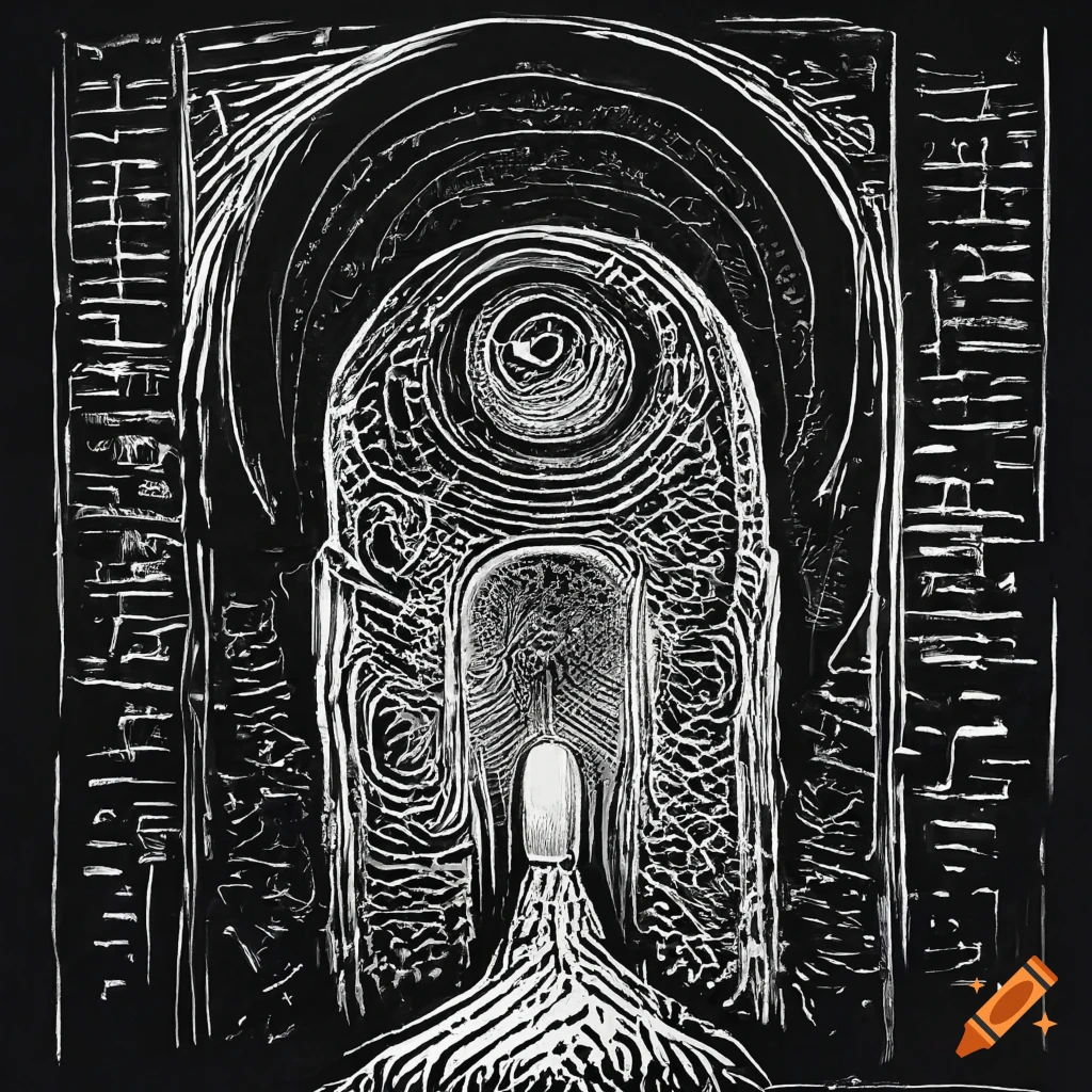 Black and white linocut of an archway in deep space in Beksiński's style