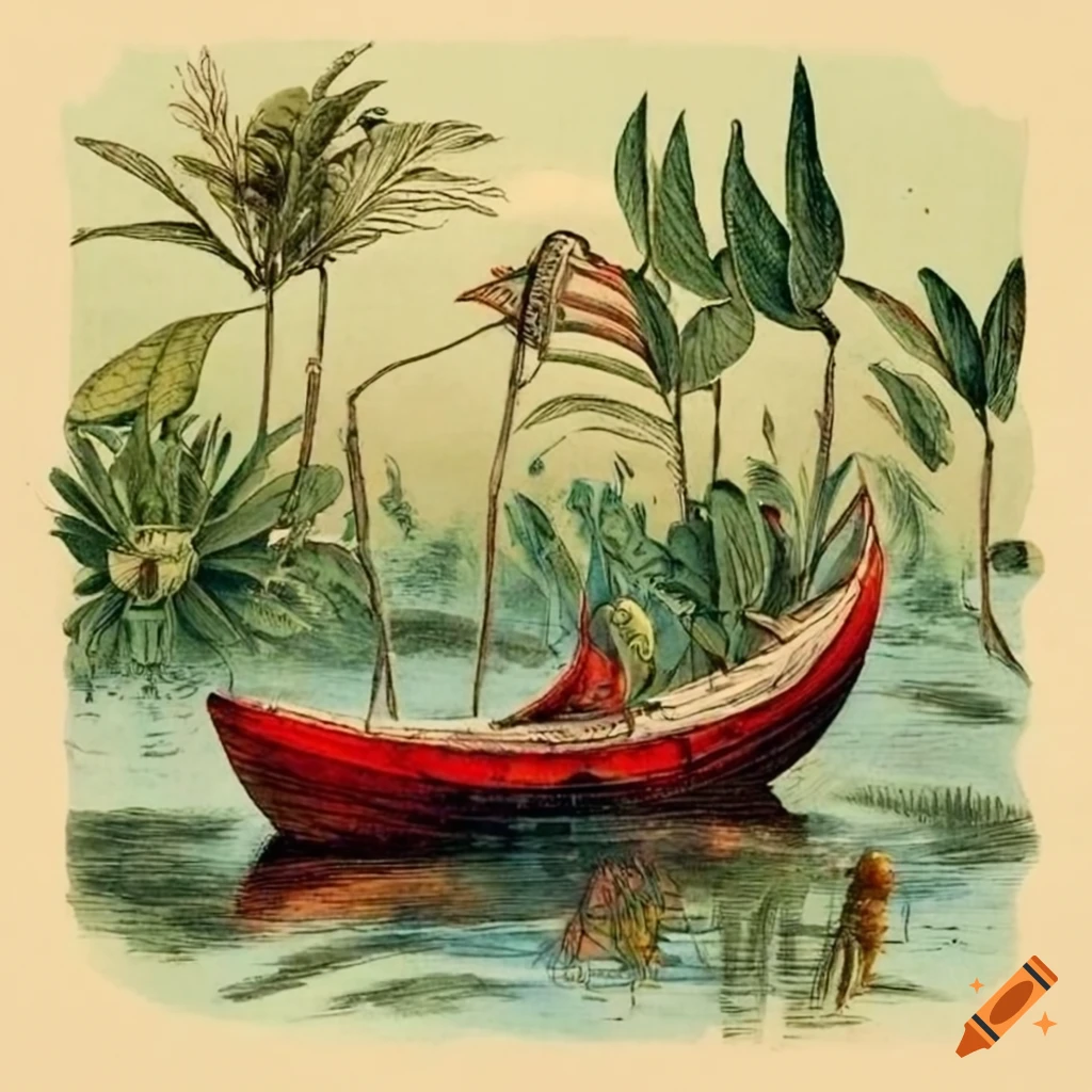 18th century scientific illustration of Indian tribe in fishing boat surrounded by lush plants and parrots
