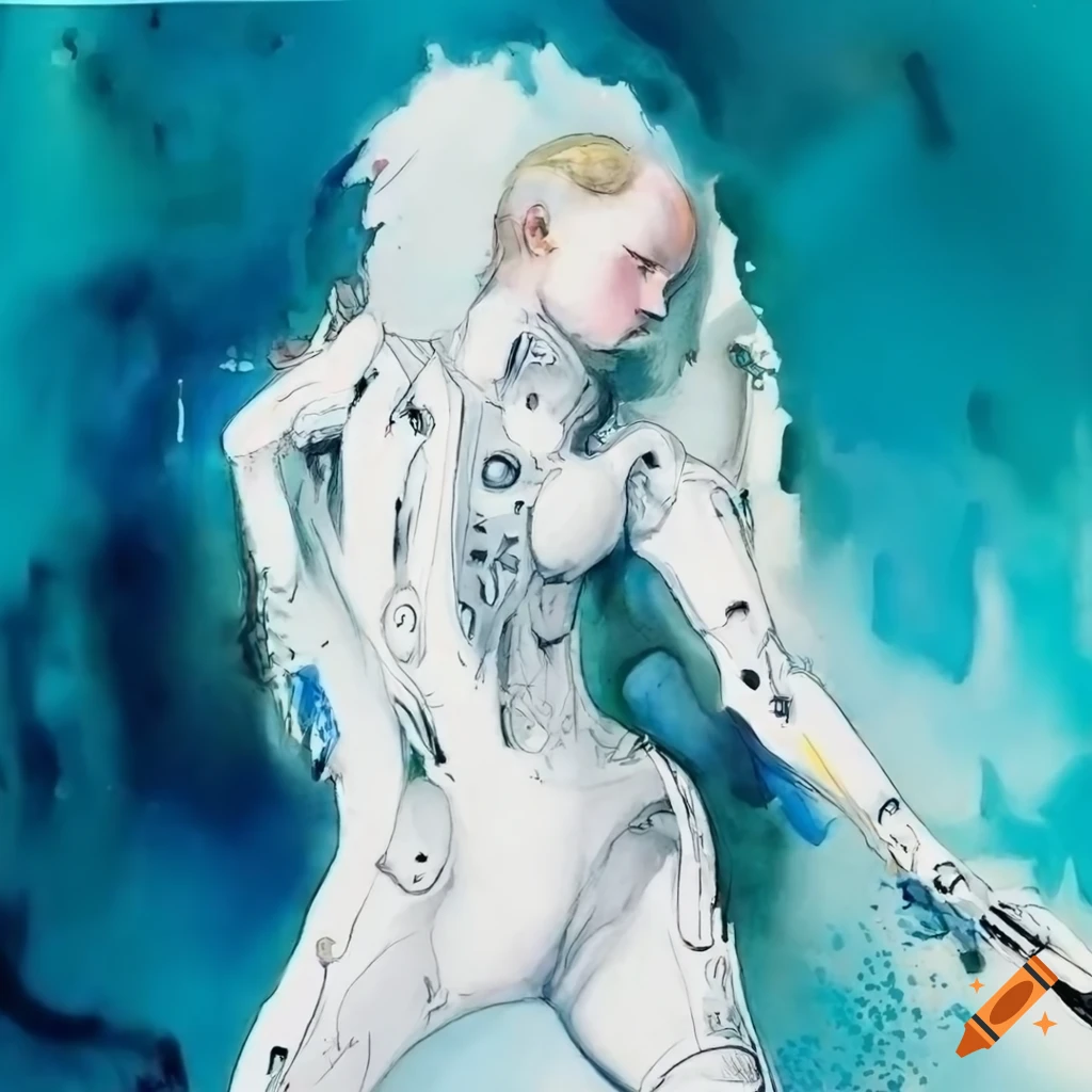 Sci-fi scene with charming male cyborg in high-tech bodysuit