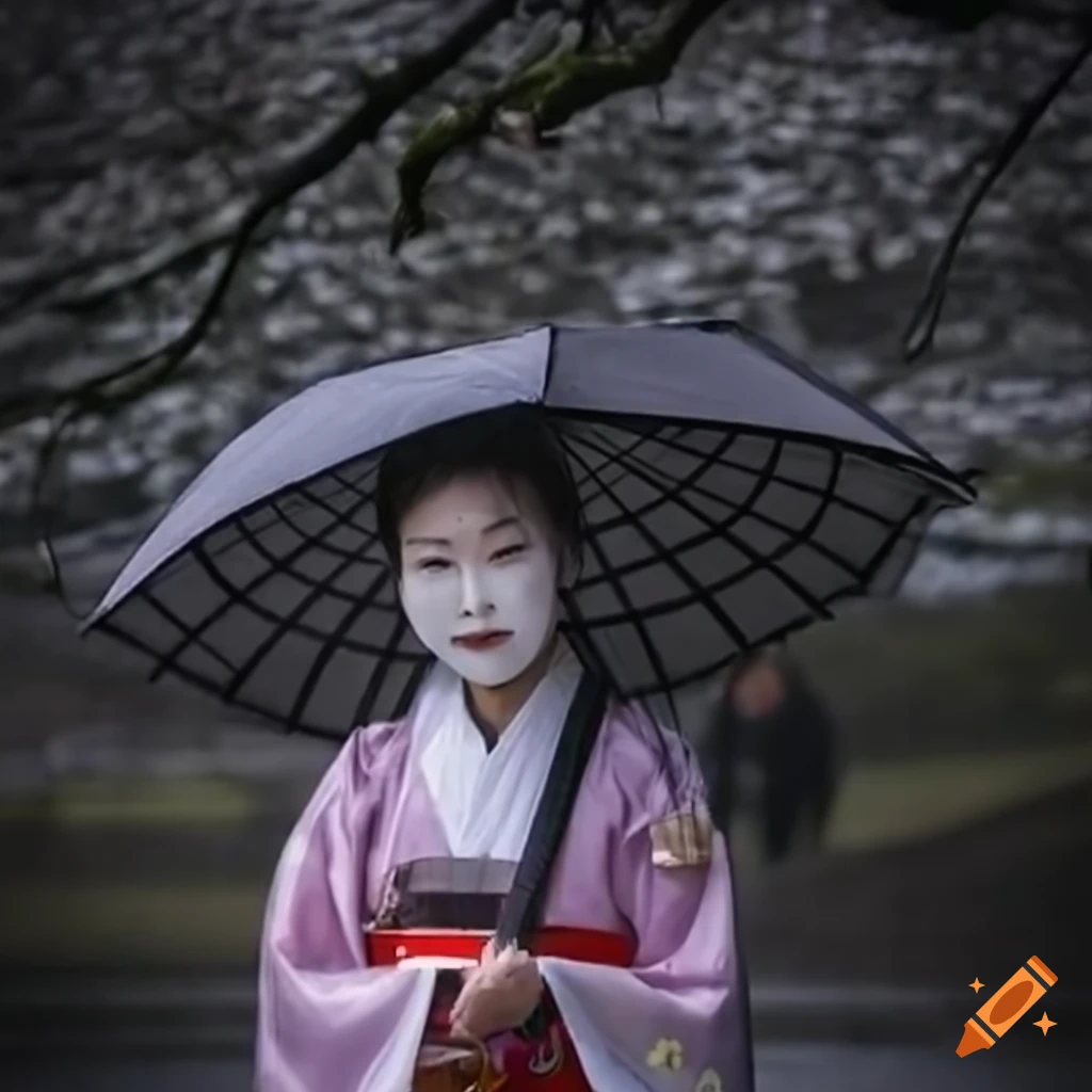 Lady in traditional Japanese attire with white face and umbrella