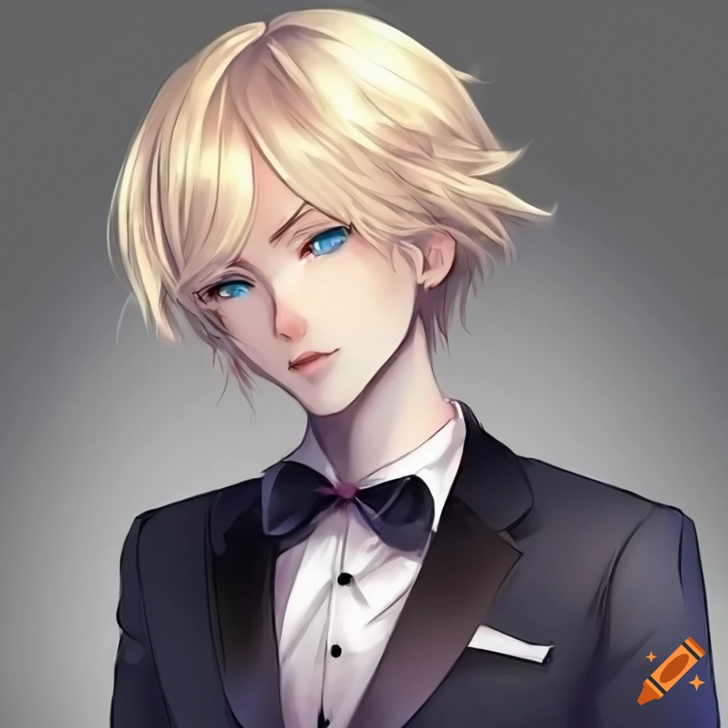 Androgynous anime character with slim build, blonde hair, and formal attire