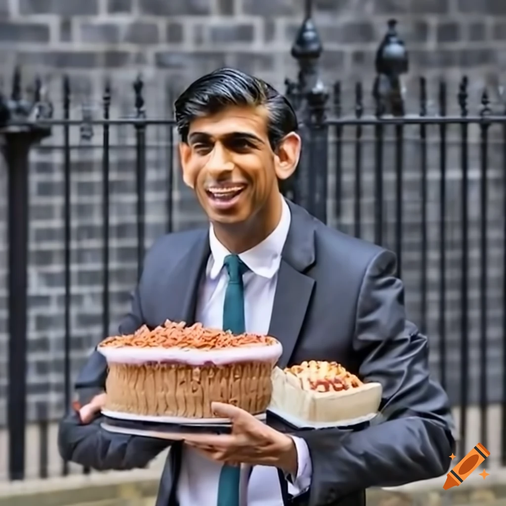 Rishi Sunak with cakes outside a building