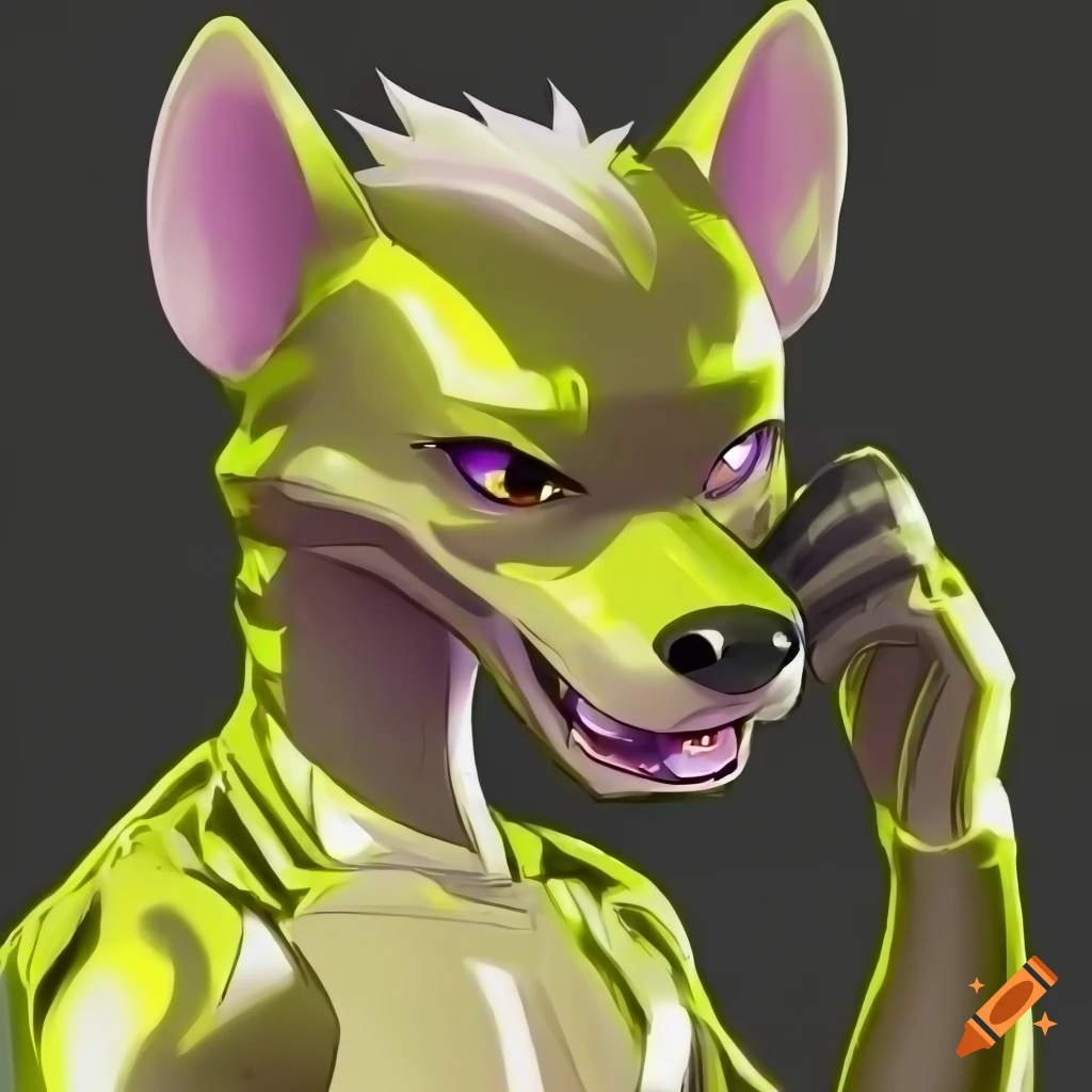 Male anthro junior hyena in a bright yellow rubber bodysuit and full-face mask, furry art style