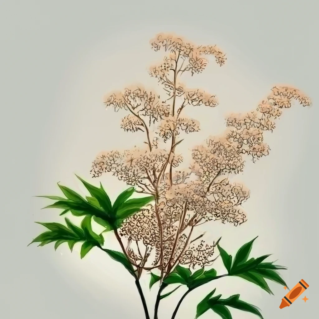 Realistic and detailed colorful drawing of filipendula ulmaria plant on white background
