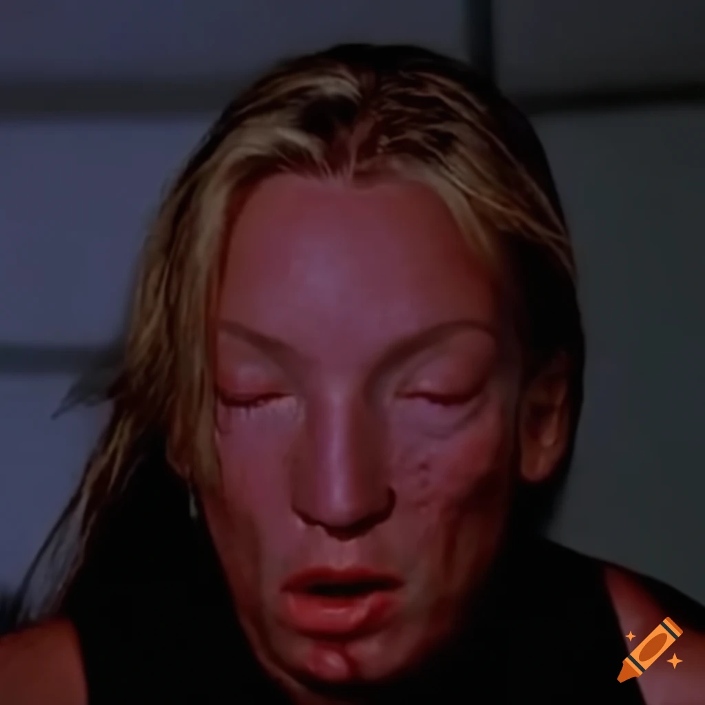 Expressive closeup of Uma Thurman as a female muay fighter in a 90's movie scene