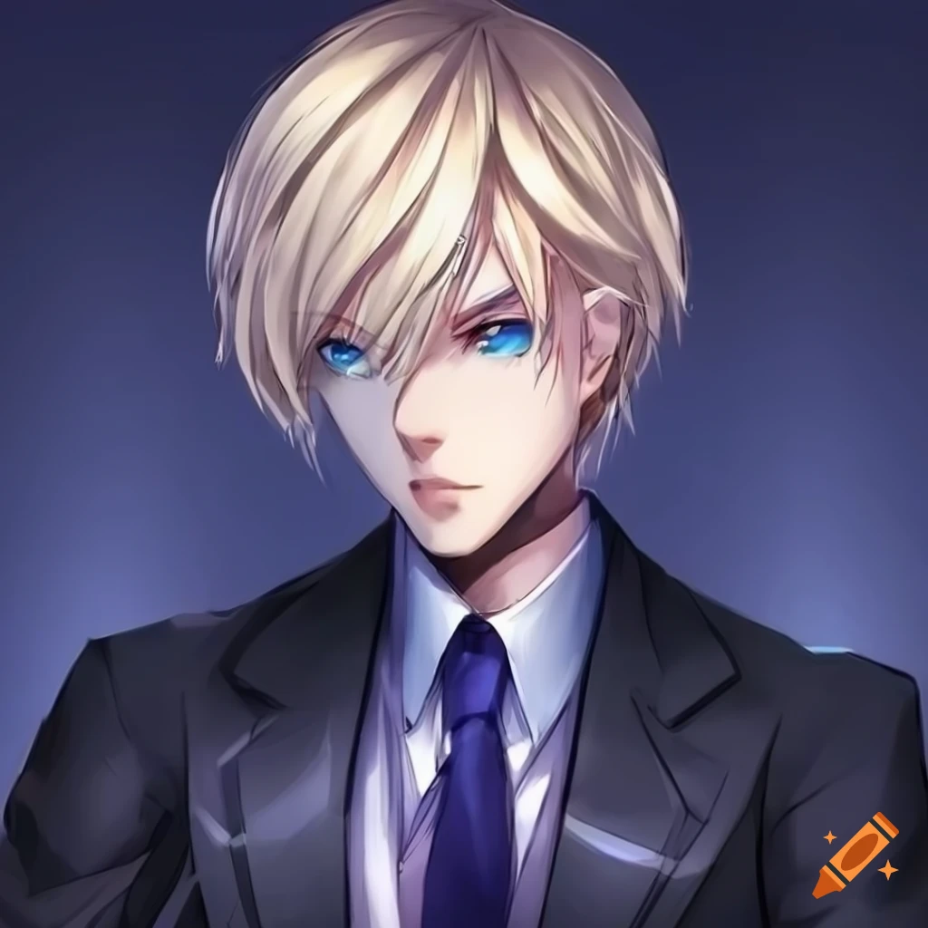 Androgynous anime character with blonde hair and blue eyes in a dark suit