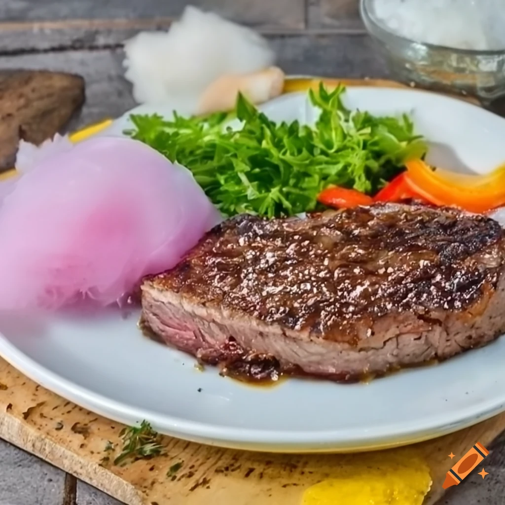 Steak with onions next to cotton candy on a plate