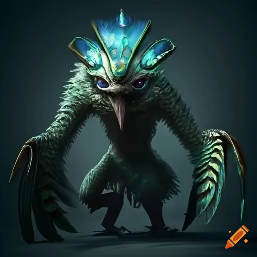 Monster with bird and human qualities, aztecinspired fantasy creature with 4 arms and feathered
