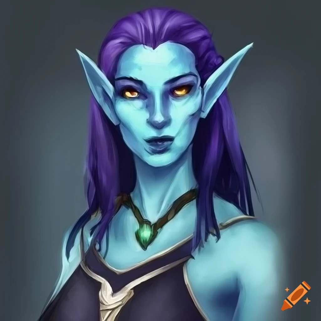 Mystical water genasi rogue with pale aqua skin and dark purple hair in a dark cloak exuding mystery