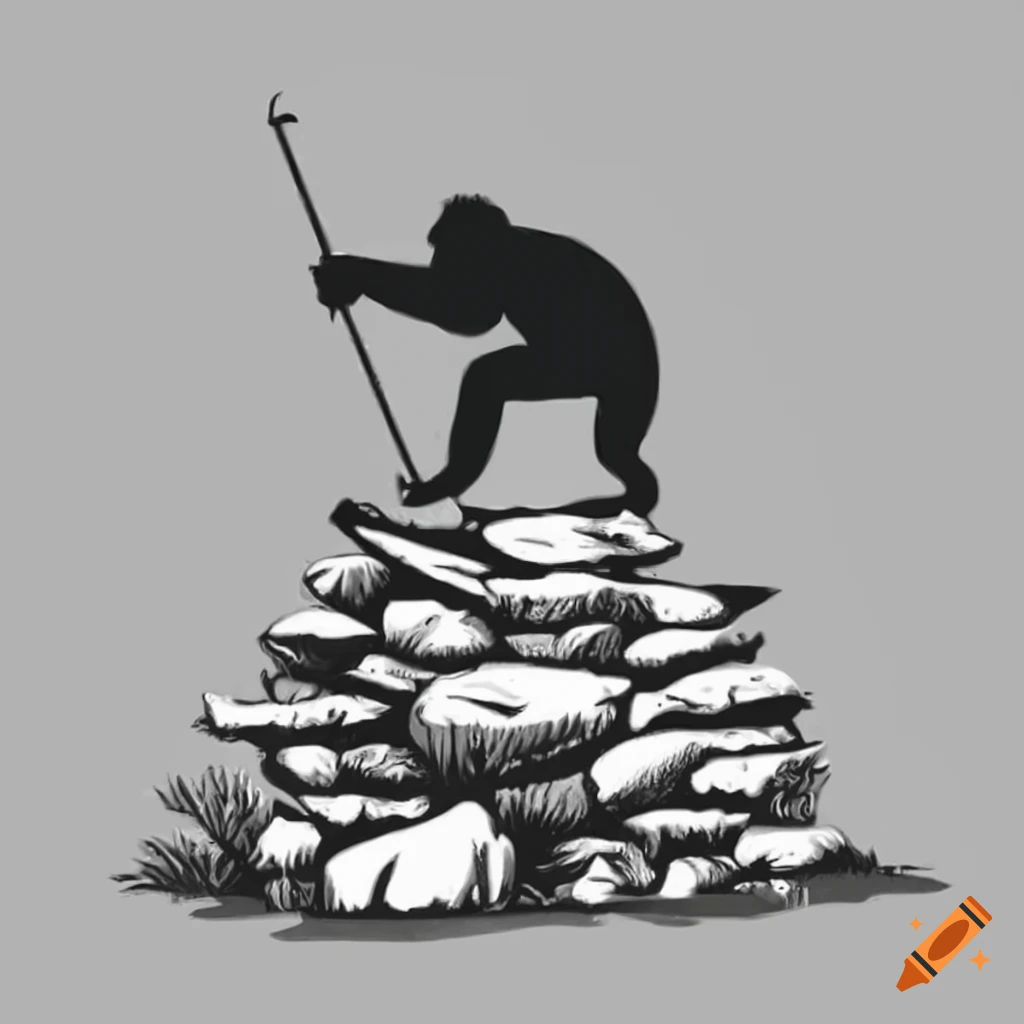 Sasquatch silhouette climbing rock pile in black and white